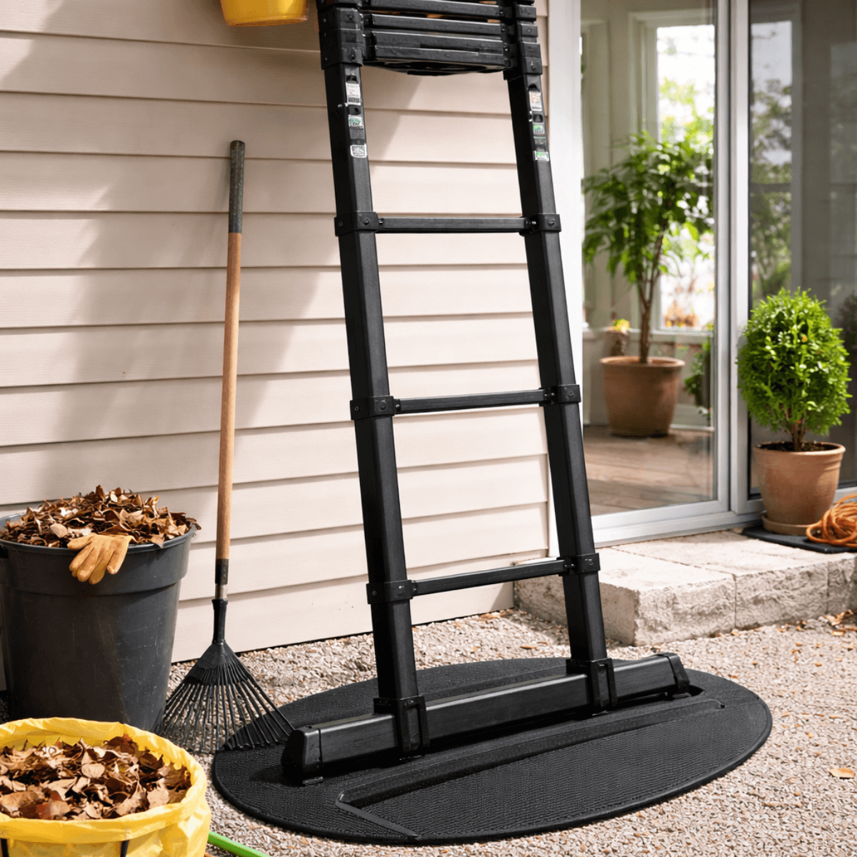 A black metal ladder-style gate with a circular base and top guard, shown leaning against a house exterior next to a rake and leaf bins.