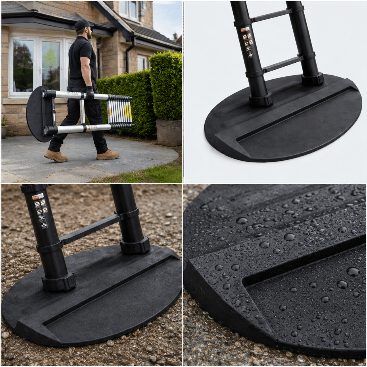 A four-panel collage showing a black round patio umbrella base and its black pole assembly. The top-left panel shows a man carrying the folded umbrella outdoors in front of a house.