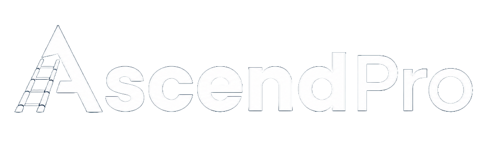 White outlined logo text reading 'AscendPro' with a stylized letter A shaped like a ladder, on a black background.