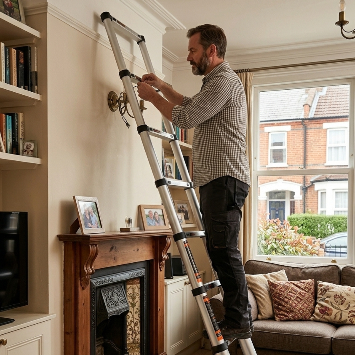 A man stands on a silver aluminum extension ladder in a living room, adjusting a wall-mounted light fixture above a fireplace. The room features cream walls, built-in bookshelves, a brown wooden mantel, and a sofa with patterned cushions.