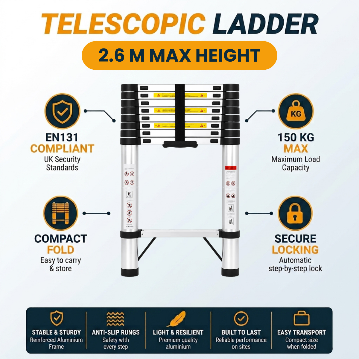 Telescopic aluminum ladder shown on a light blue background with feature callouts including 2.6 M MAX HEIGHT, EN131 COMPLIANT, 150 KG MAX LOAD CAPACITY, COMPACT FOLD, and SECURE LOCKING.