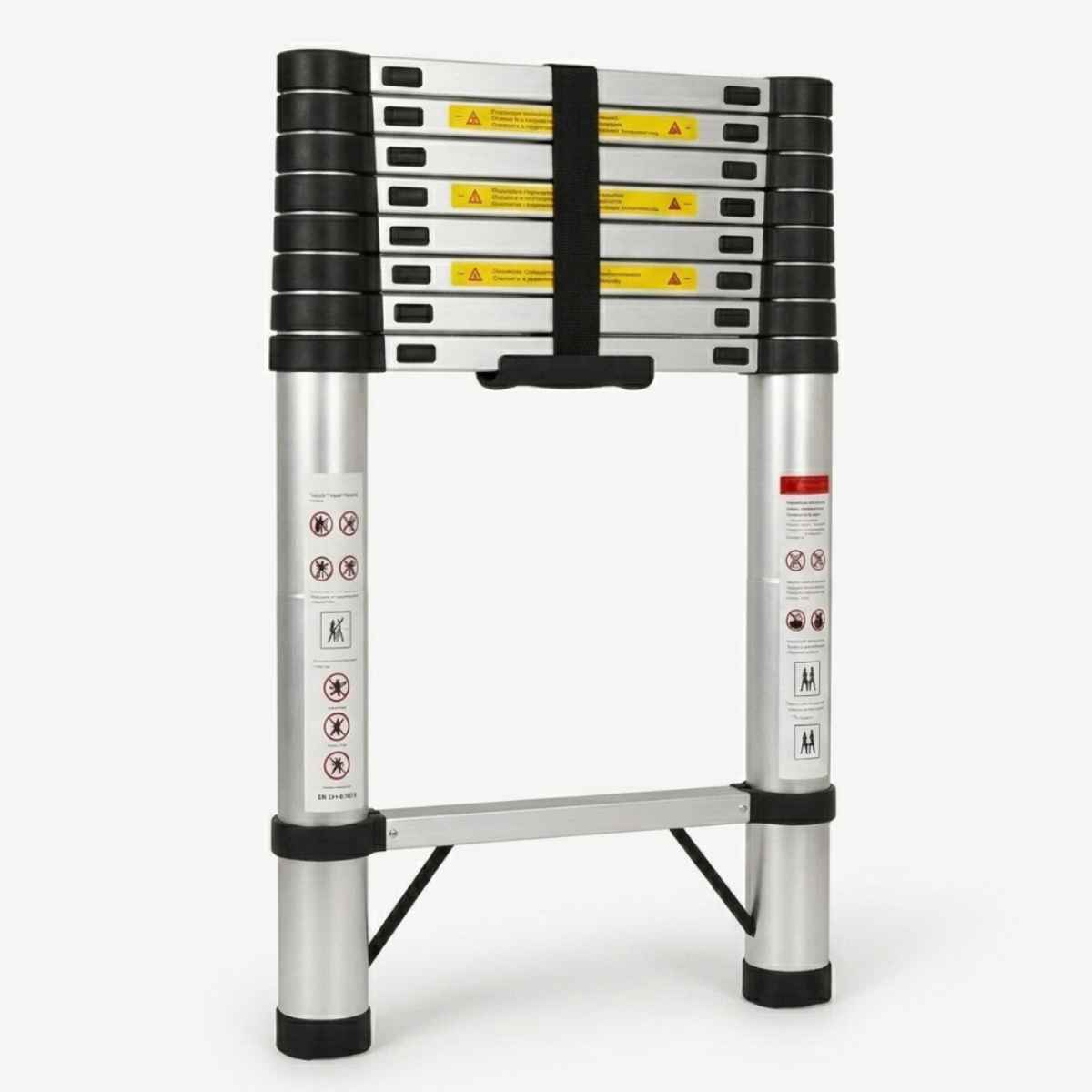 A silver aluminum extension ladder with black rubberized grip bands, a central black carrying strap, and printed safety instructions on the side rails, shown on a light gray background.