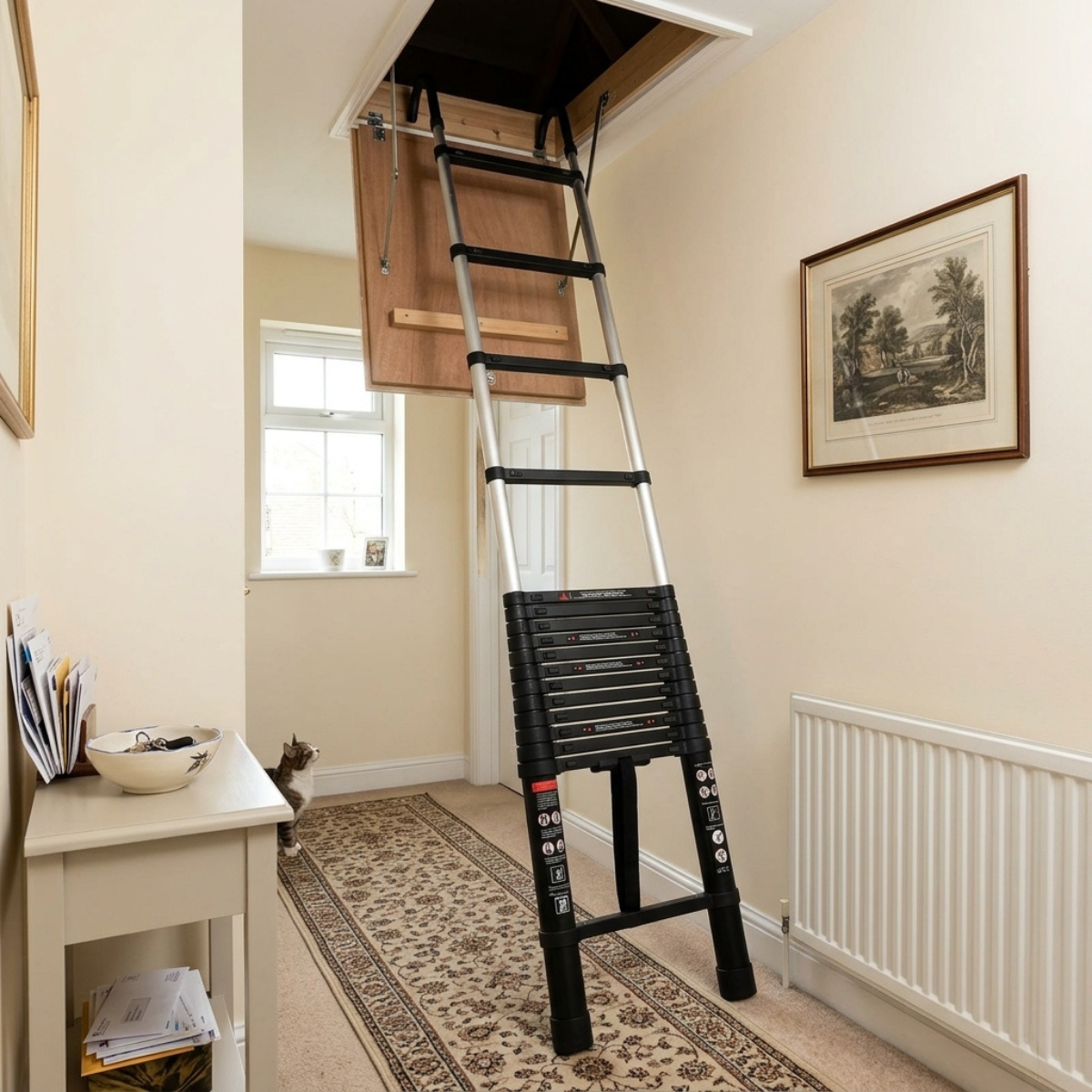 A black and silver folding attic ladder with black rubberized grip steps, shown positioned vertically to reach an open hatch in a residential loft conversion hallway.