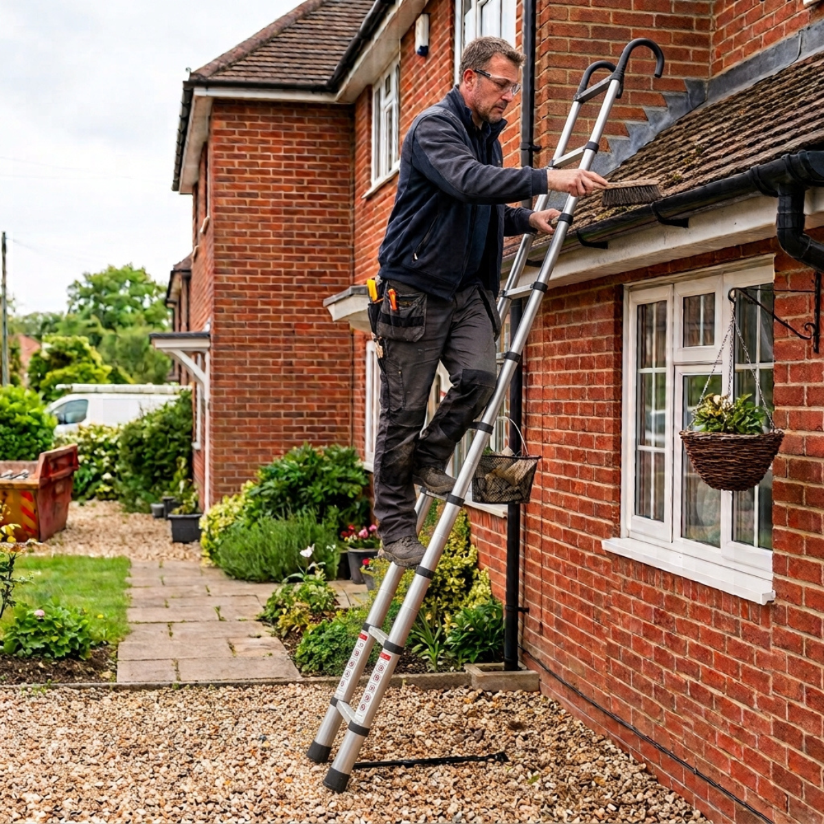 A man in work clothes stands on a silver extension ladder positioned against a red brick house, reaching up to clean or inspect the guttering. The scene is set in a residential backyard with gravel, plants, and a pathway.