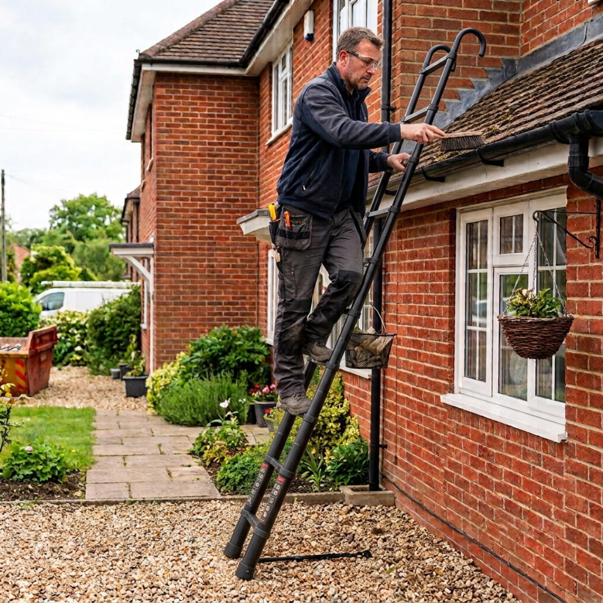 worker on a Telescopic Ladder 3.8m Black AscendPro Onyx 380