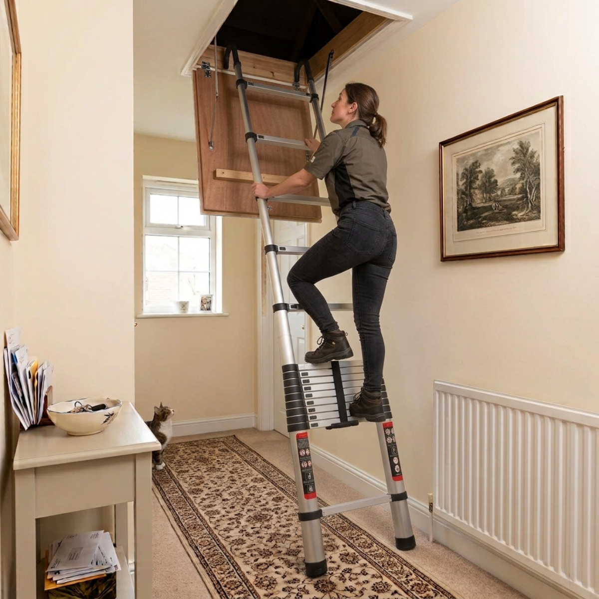 A woman climbs a silver extension ladder with a black attic access hatch open above her in a residential hallway with beige walls, a patterned rug, and a white radiator.