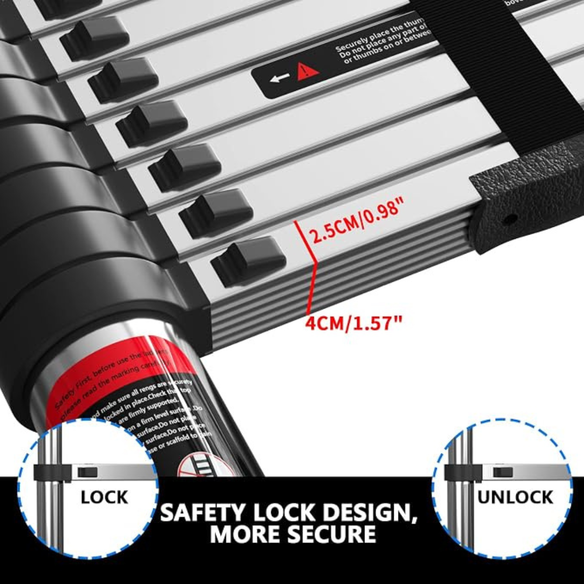 Close-up of a telescoping aluminum folding ladder with black locking knobs, a black safety strap, and red measurement text indicating 2.5CM/0.