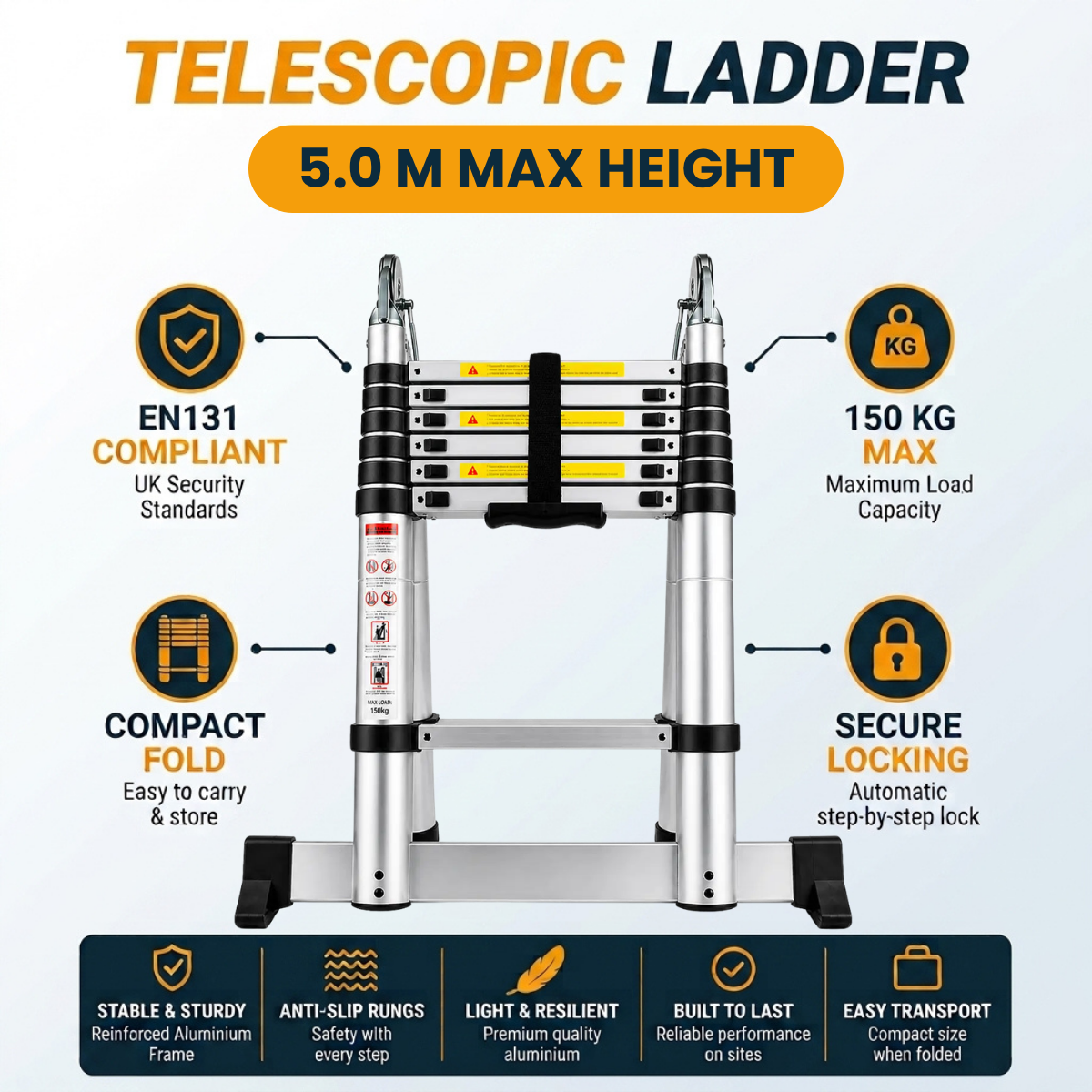 Telescopic Ladder 5m 4-in-1 AscendPro Sentinel Pro features
