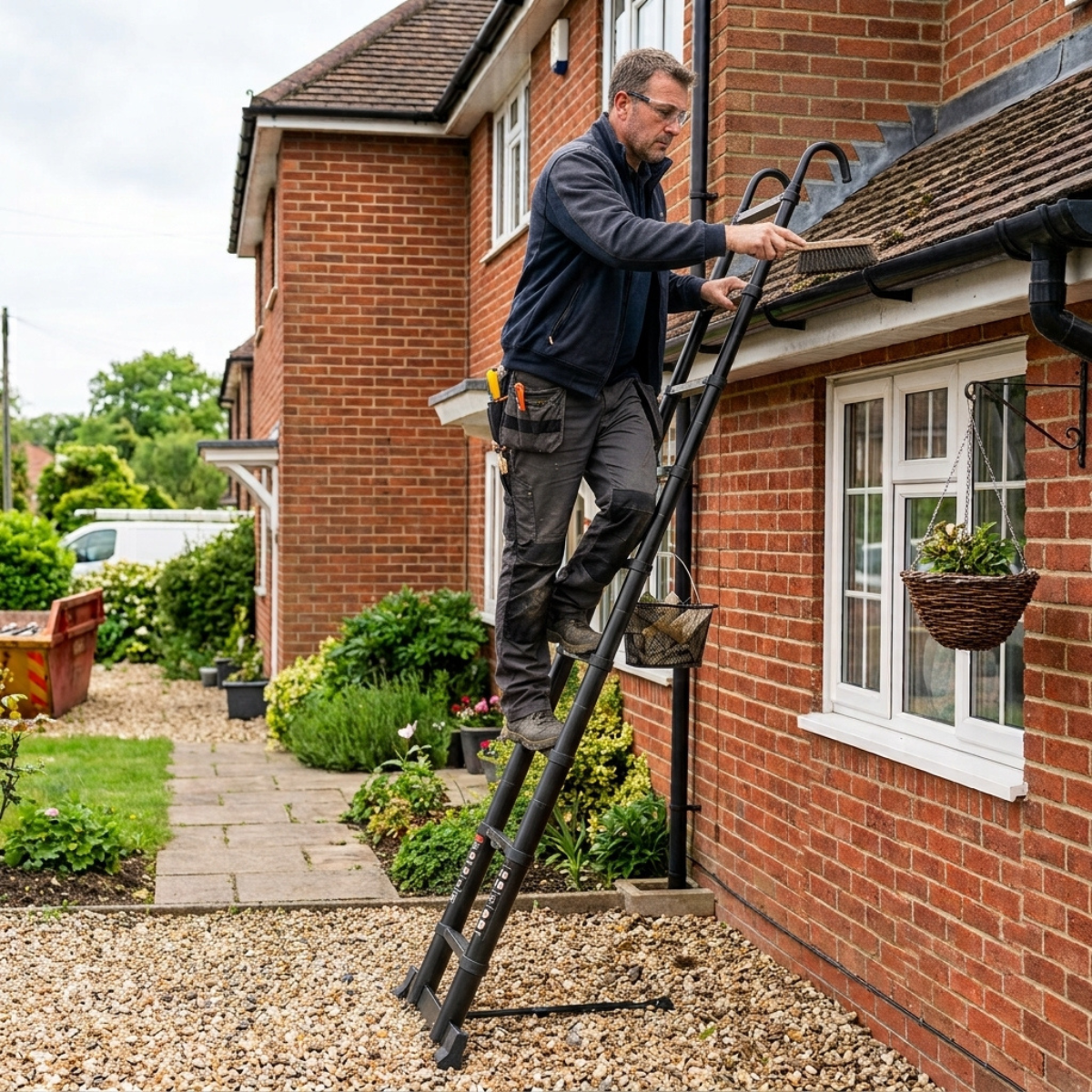 worker on a Telescopic Ladder 5m Black AscendPro Onyx 500