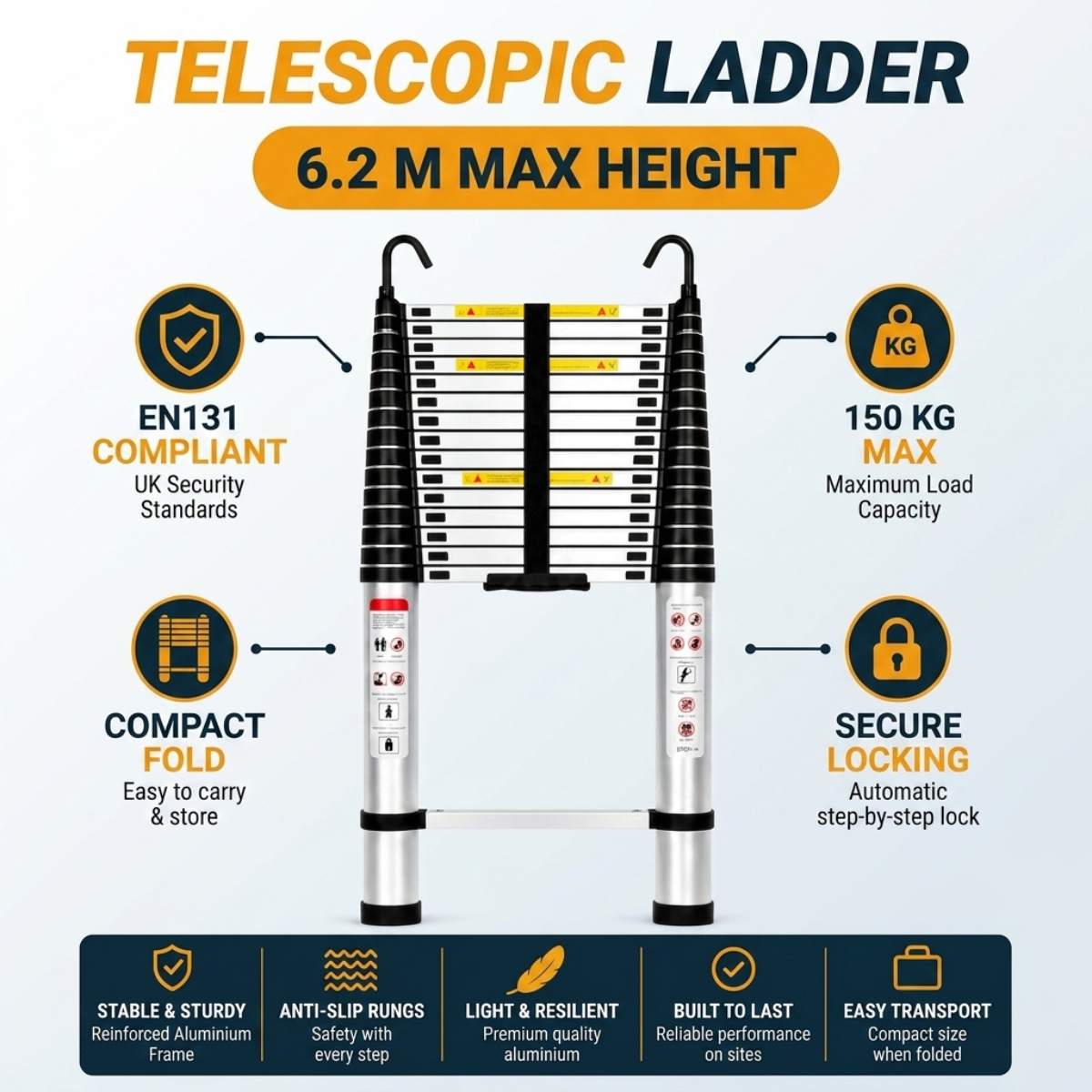 Telescopic aluminum ladder shown on a light blue background with feature callouts including 6.2 M MAX HEIGHT, EN131 compliance, 150 KG maximum load capacity, compact fold, secure locking, and a bottom feature strip with stability, anti-slip rungs, light and resilient quality, reliability, and easy transport.