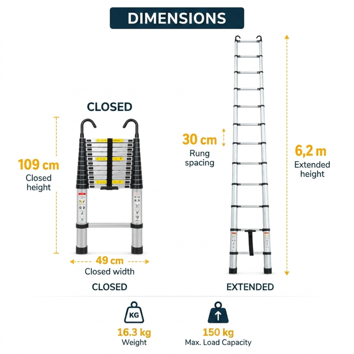 A dimension diagram of a folding extension ladder showing both closed and extended states. The closed height is 109 cm, the closed width is 49 cm, the rung spacing is 30 cm, and the extended height is 6,2 m.