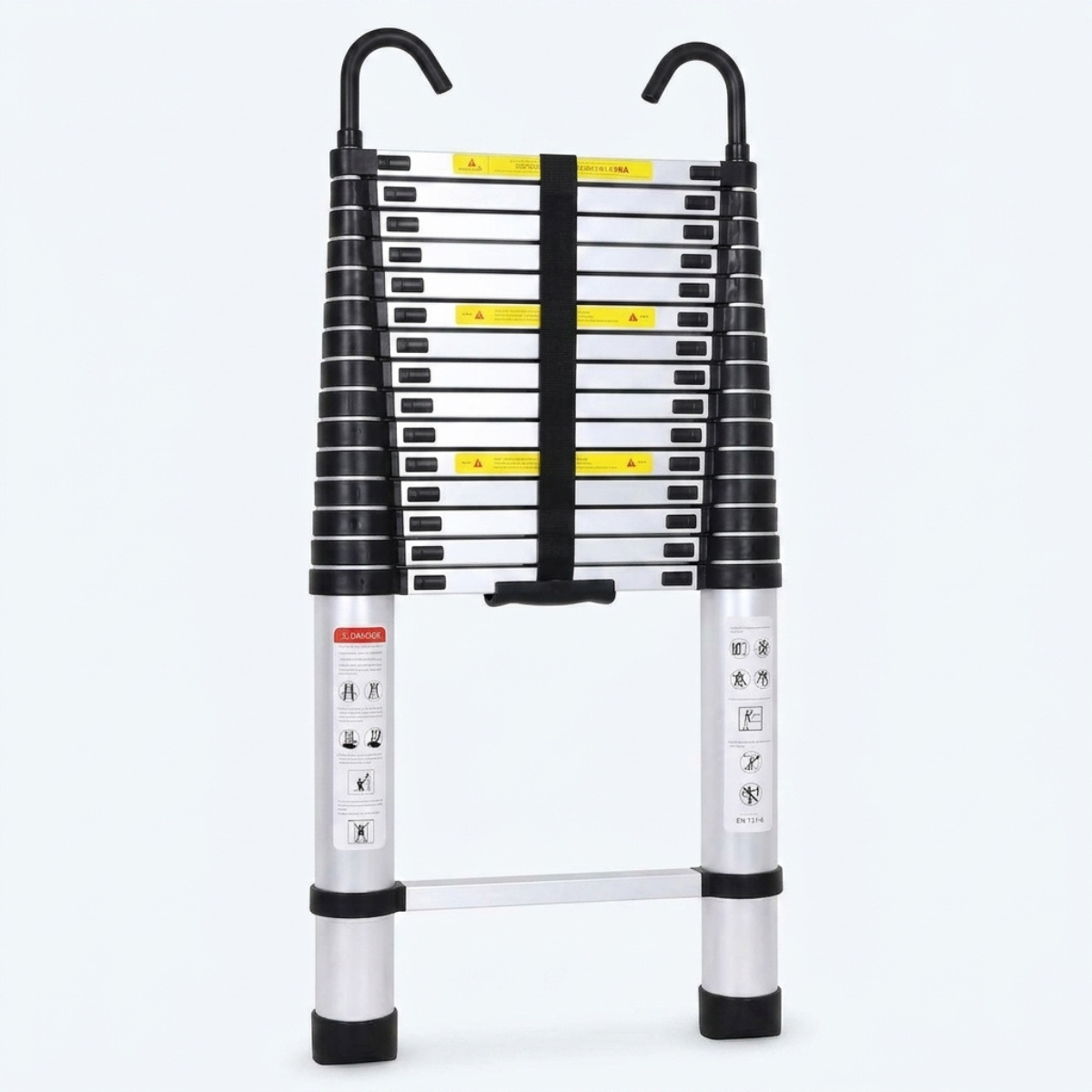 A telescoping aluminum extension ladder with black handles and yellow safety labels, shown fully extended against a light gray background.