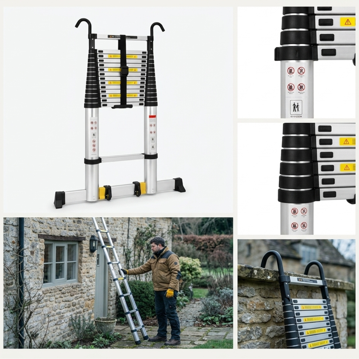 A multi-panel product photo of a folding extension ladder. The main panel shows the ladder fully extended against a white background.
