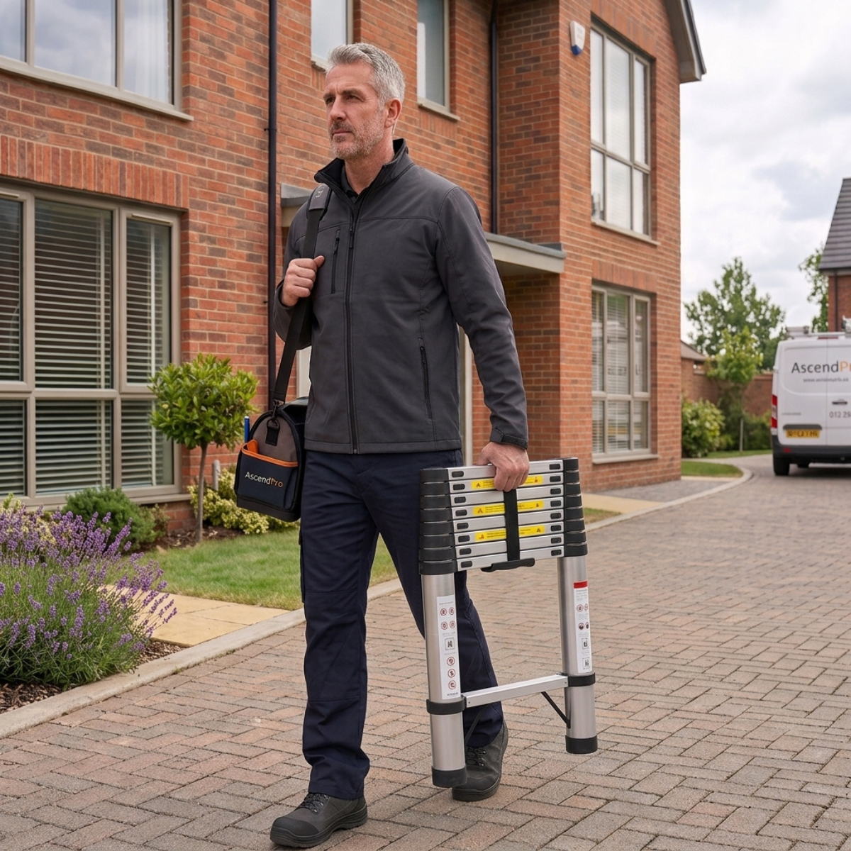 A man walks on a brick driveway carrying a silver and black Ascend folding extension ladder and a black branded work bag, with a brick house in the background.