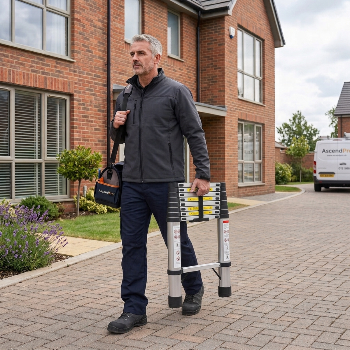 A man walks on a paved driveway in front of a brick house, carrying a black and silver telescoping extension ladder and a black tool bag branded ASCENDIN.