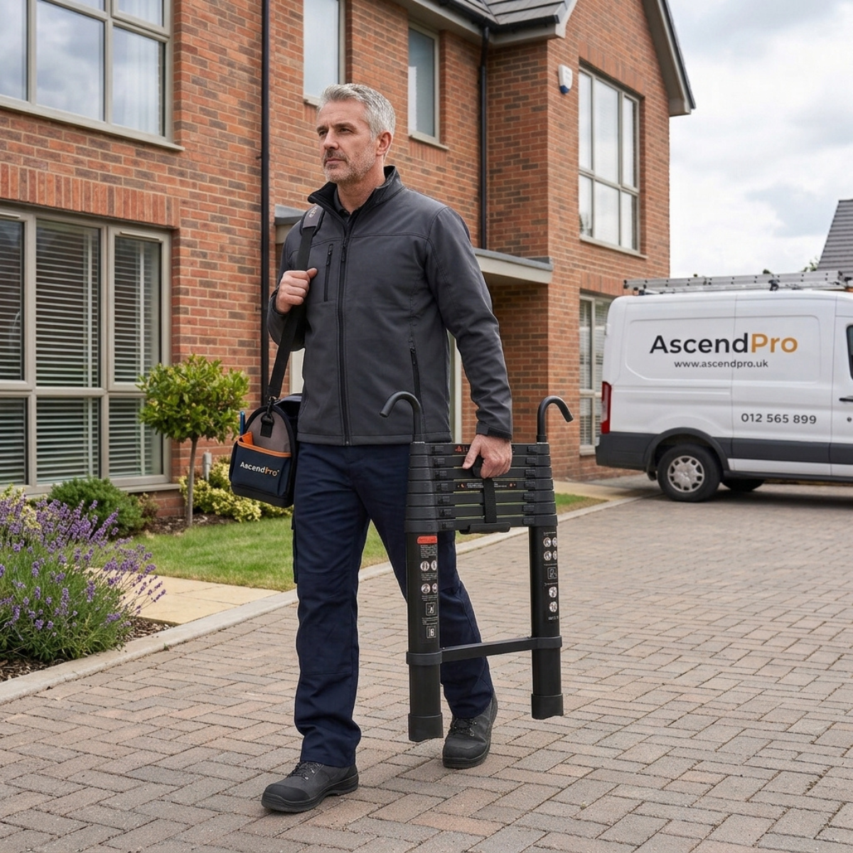 man holding Telescopic Ladder 3.8m Black AscendPro Onyx 380