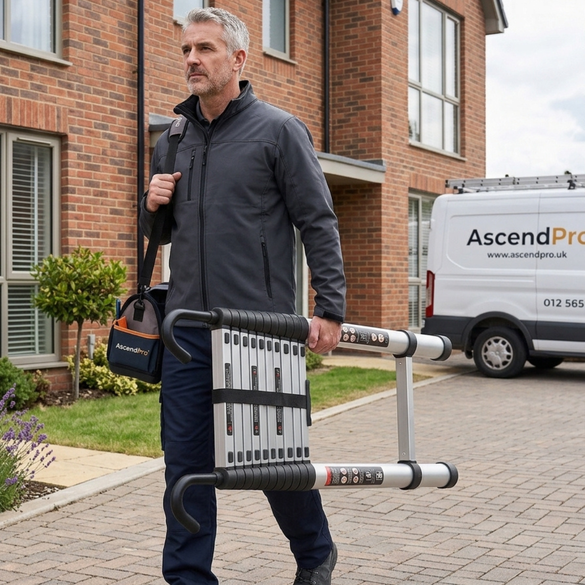 A man in a dark gray work jacket and navy trousers walks outdoors carrying a telescopic extension ladder and a matching branded AscendPro shoulder bag, with a brick house and a white service van in the background.