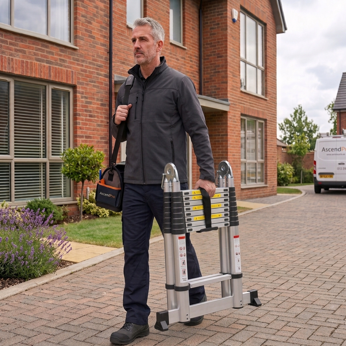 man holding Telescopic Ladder 5m 4-in-1 AscendPro Sentinel Pro