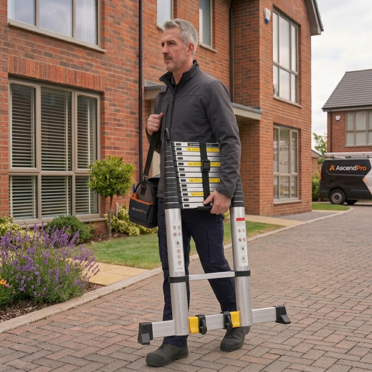 A man standing on a brick driveway in front of a red brick house, carrying a compact silver extension ladder under his arm and wearing a black work bag branded ArcosPro.