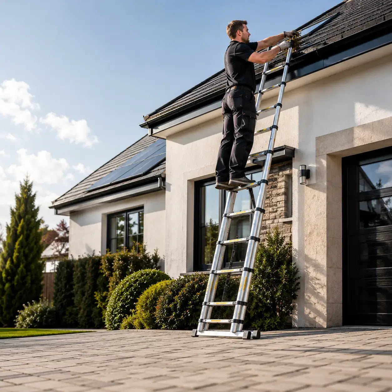 A man in a black t-shirt and dark work pants stands on a tall silver extension telescopic ladder, installing solar panels on the dark tiled roof of a modern house with a paved driveway.