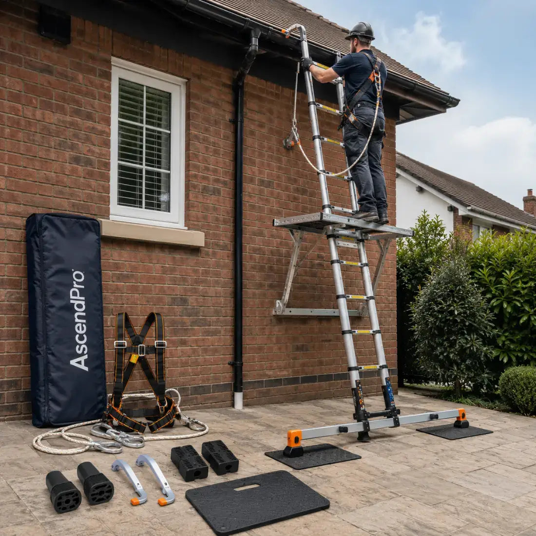 man on telescopic ladder using accessories ascendpro