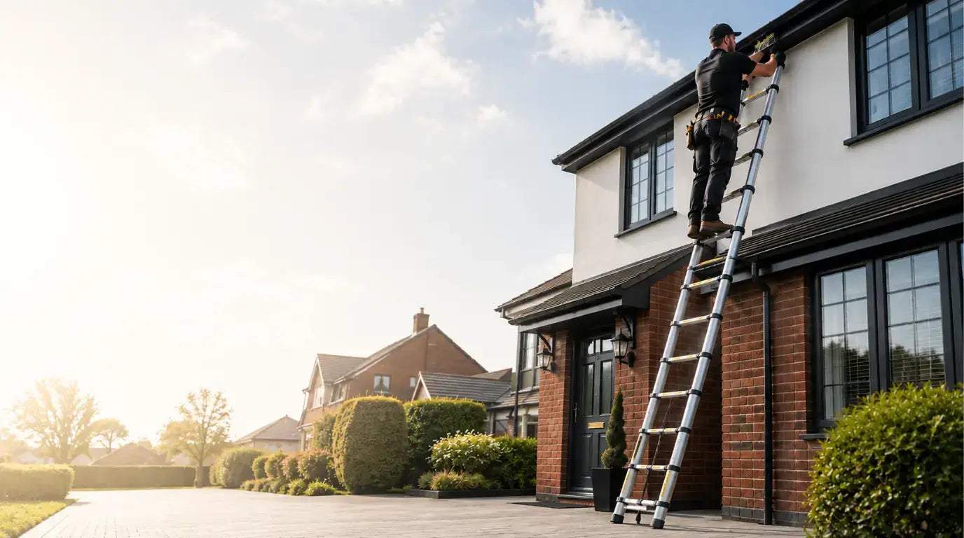 A tall silver Telescopic ladder positioned against the exterior of a modern house, with a worker standing on the upper step while installing or repairing a window. The scene is set in a sunny residential neighborhood with brick and white stucco walls, green hedges, and a clear sky.
