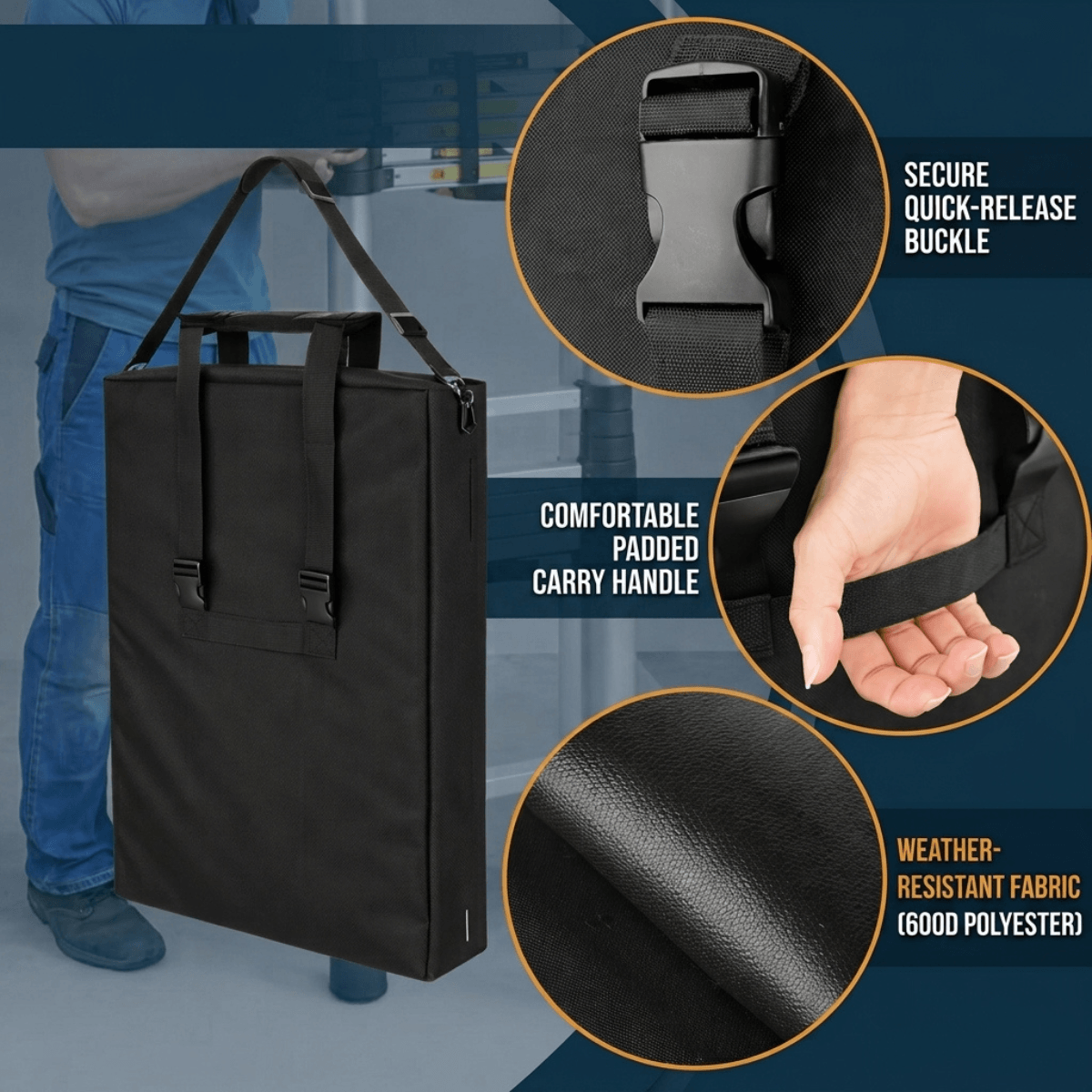 Black utility tote bag with padded carry handle, shown with three circular feature callouts highlighting a quick-release buckle, a hand demonstrating the handle, and a close-up of the weather-resistant fabric.