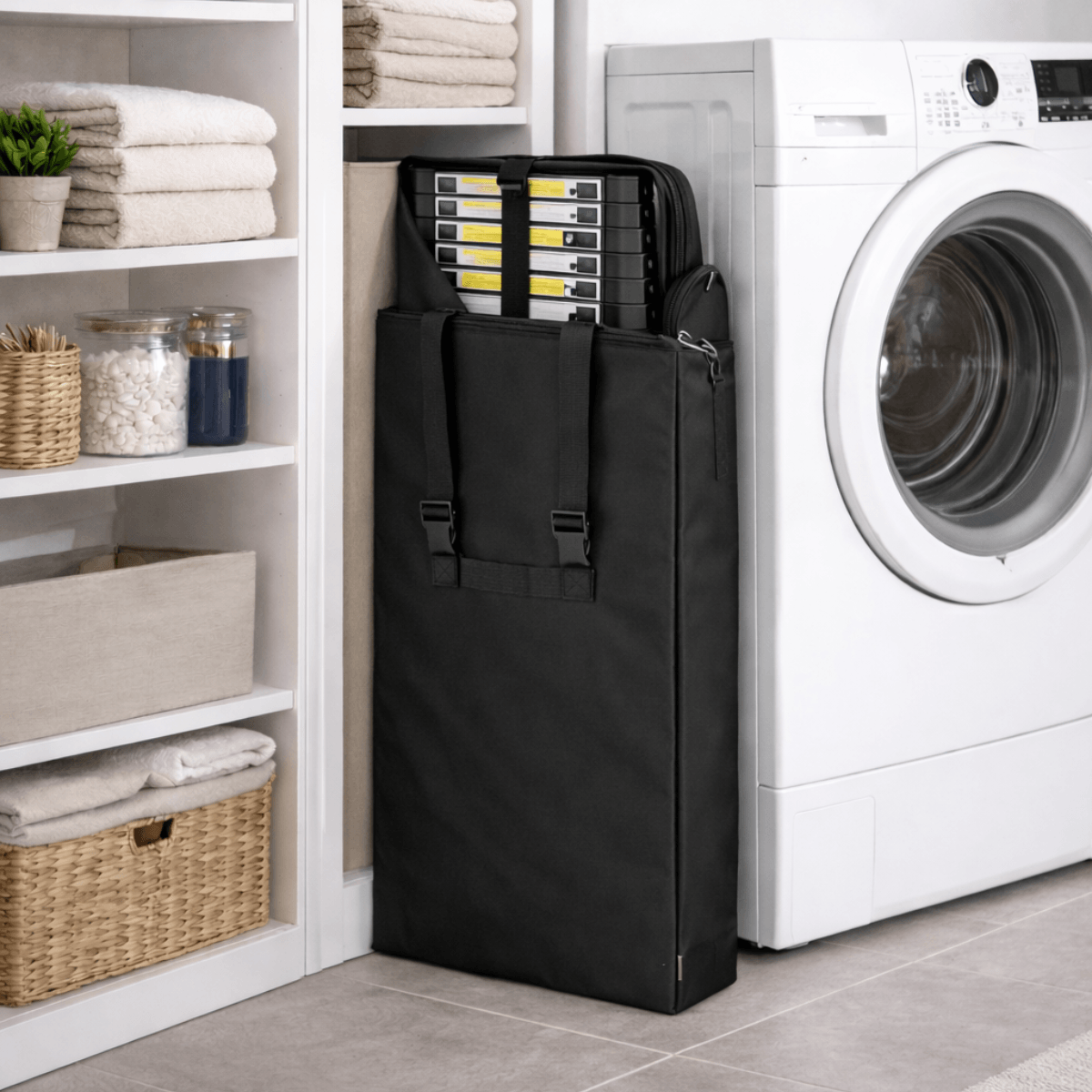 A black fabric storage bag holding a stack of yellow and gray organizer trays, standing next to a white washing machine in a laundry room with shelves on the left.