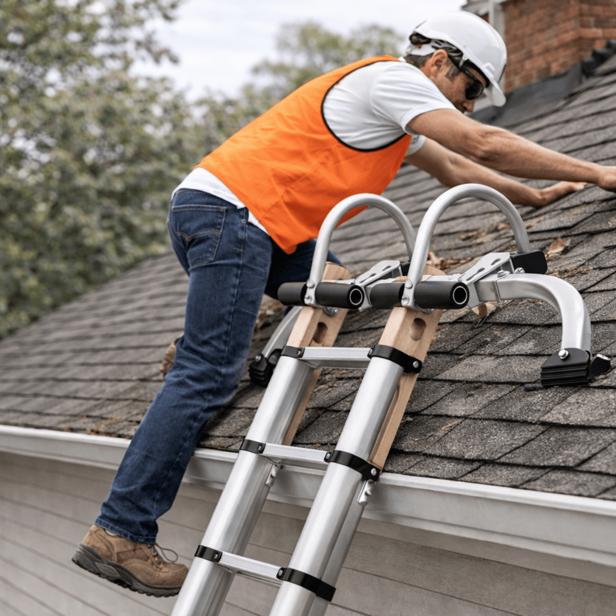 A worker in a white hard hat and orange safety vest climbs a silver extension ladder set on a gray shingled roof of a house.