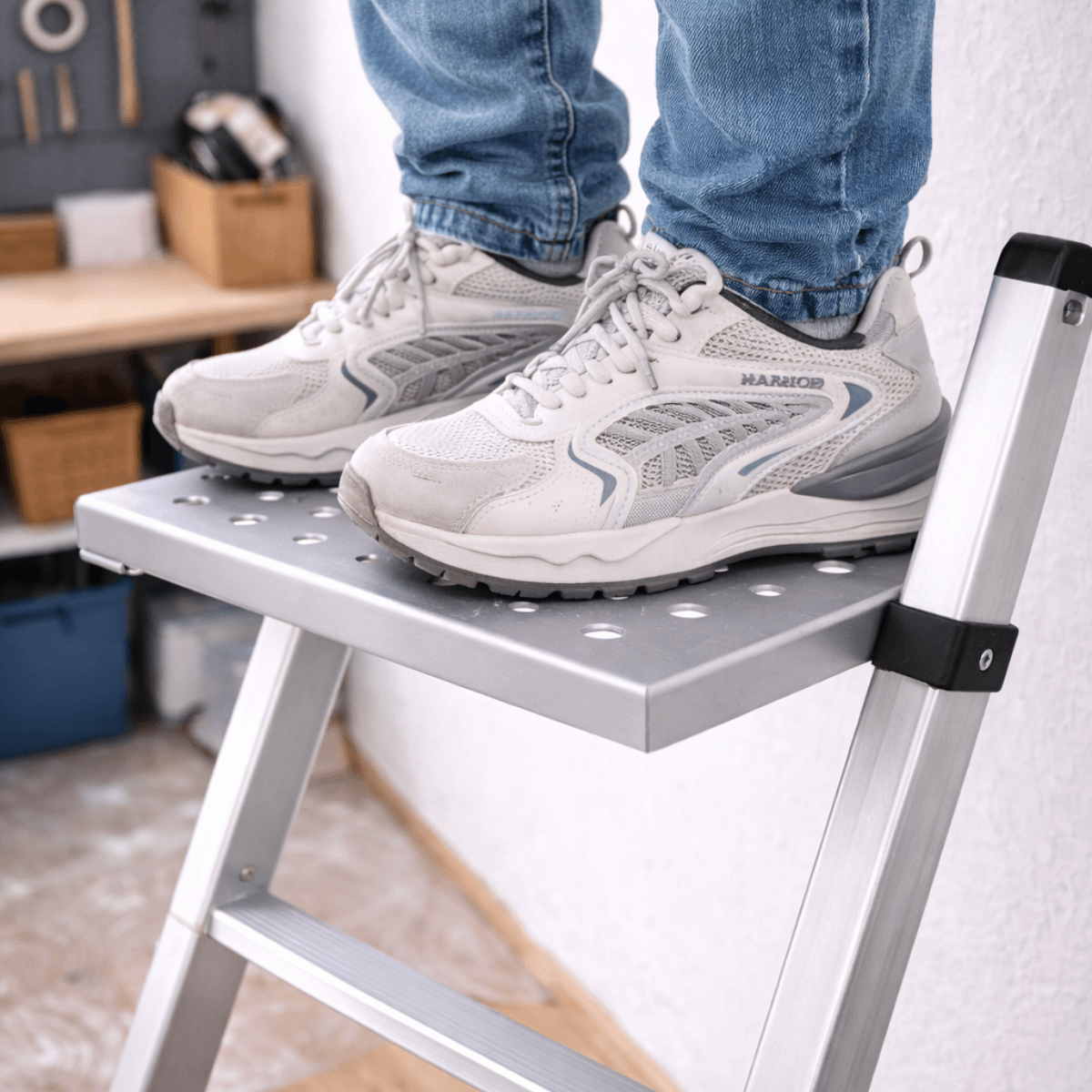 A person wearing gray and white HARRIS work shoes stands on a silver metal step ladder in a workshop setting.
