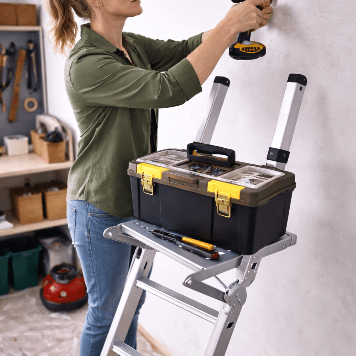 A woman in an olive green shirt and blue jeans uses a cordless drill on a white wall while standing on a silver step ladder. A black and yellow DeWalt tool storage case sits on the ladder in a workshop setting.