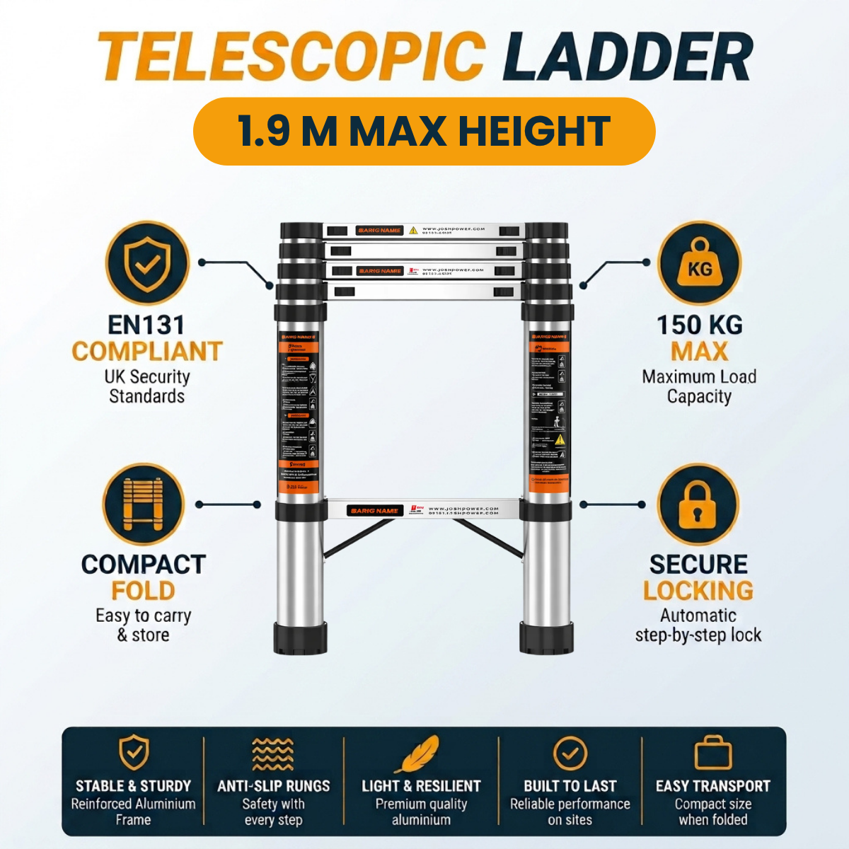 Telescopic aluminum ladder shown on a dark blue infographic background with feature callouts including 1.9 M max height, EN131 compliant, 150 kg max load capacity, compact fold, and secure locking.