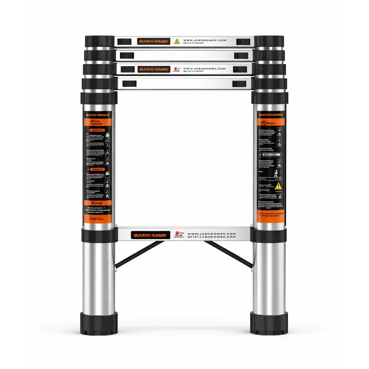 A jump frame made of two vertical silver metal tubes with black end caps, connected by a horizontal silver bar. The tubes have black grip sections with orange and black safety labels.