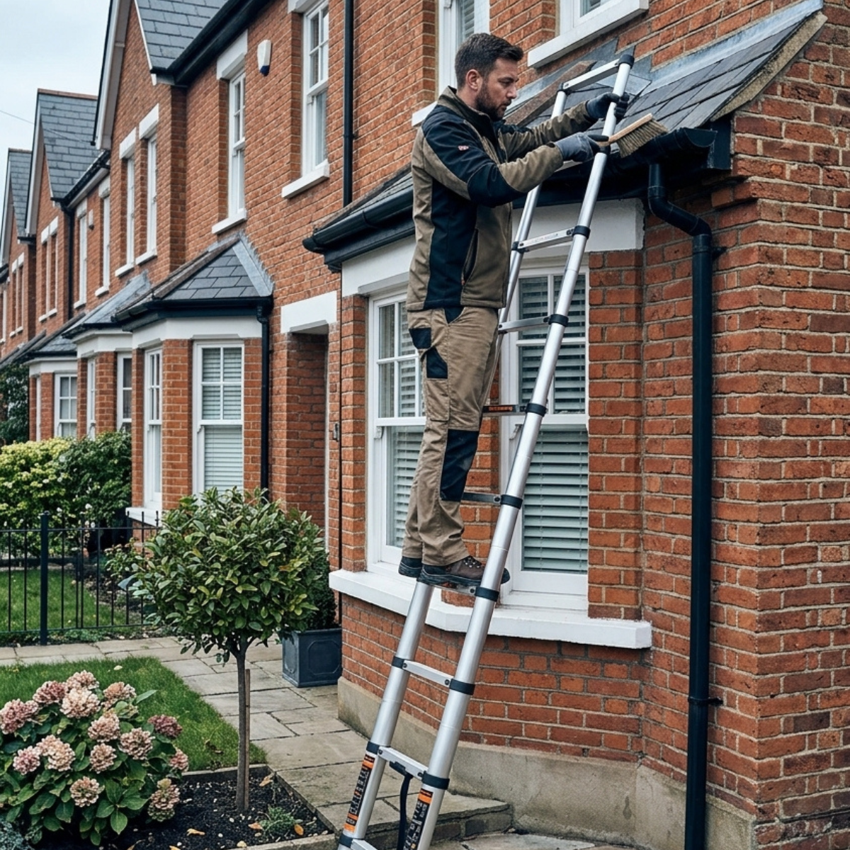 A man in workwear stands on a silver extension ladder, applying roofing felt or tile against the eaves of a red brick house.