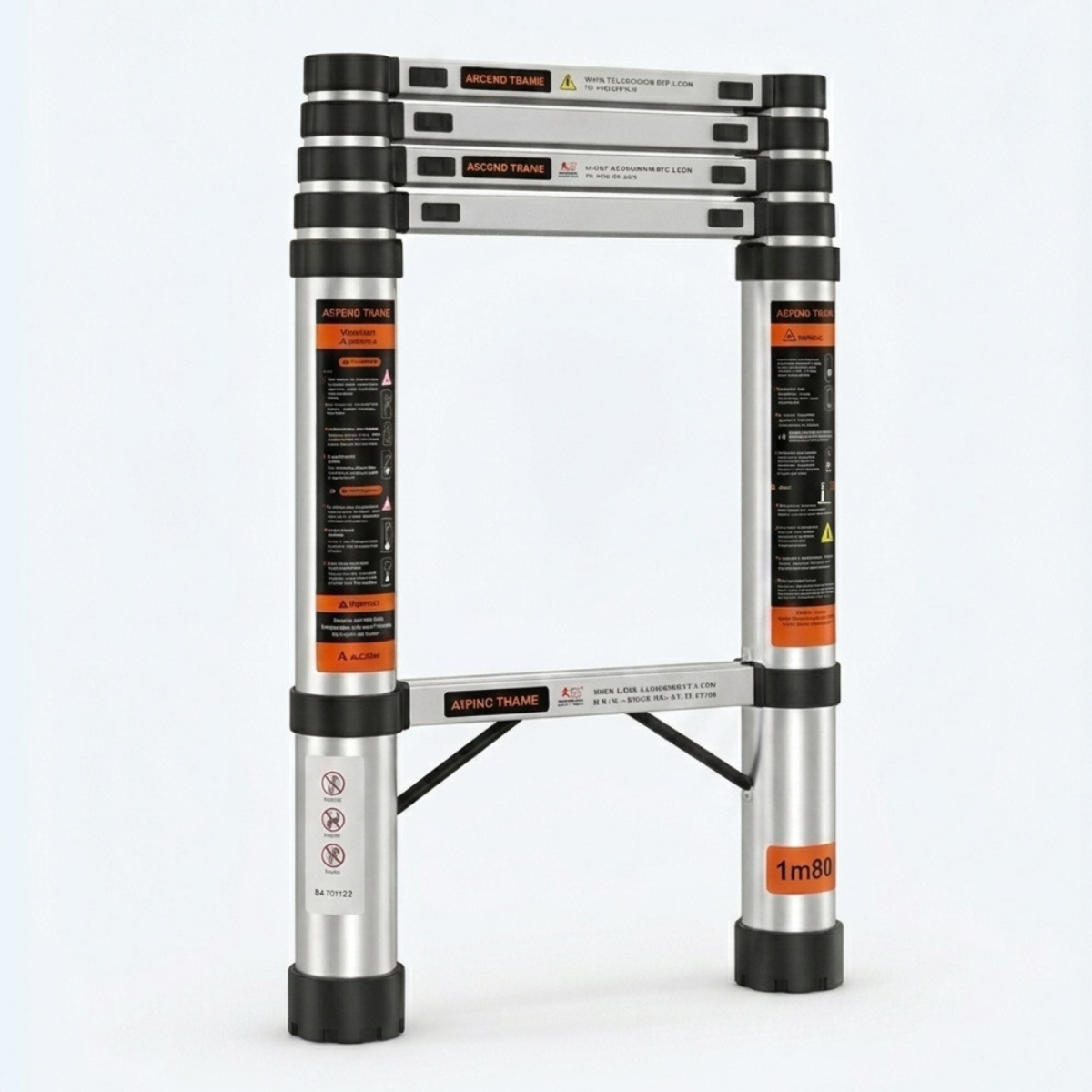 A silver and black aluminum extension ladder frame with orange and black safety labels, shown on a light gray background.