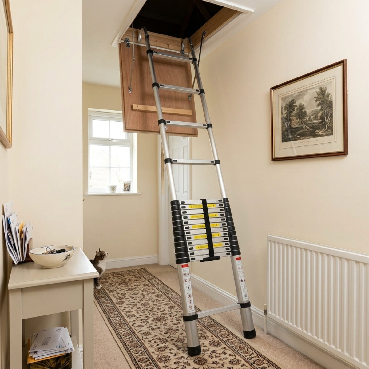 A silver and black extension ladder with yellow grip panels is positioned in a room, extending into an open loft hatch. The room features cream-colored walls, a patterned rug, a white side table, and a framed picture.