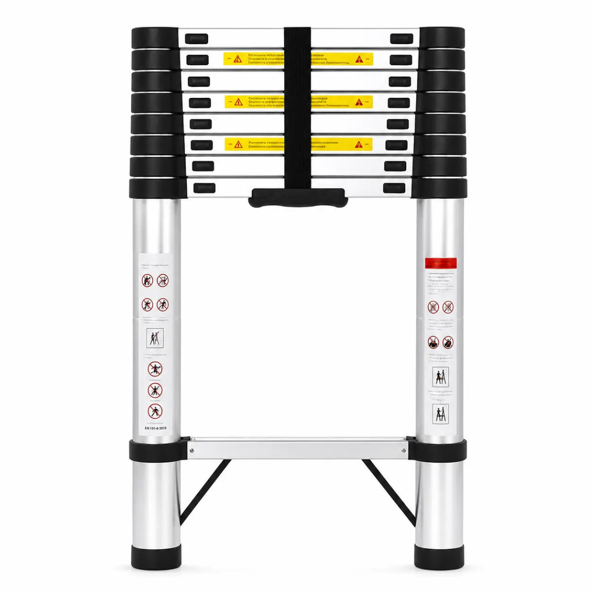A telescopic metal ladder with silver aluminum tubes, black rubber feet, and yellow safety warning labels, shown against a plain white background.