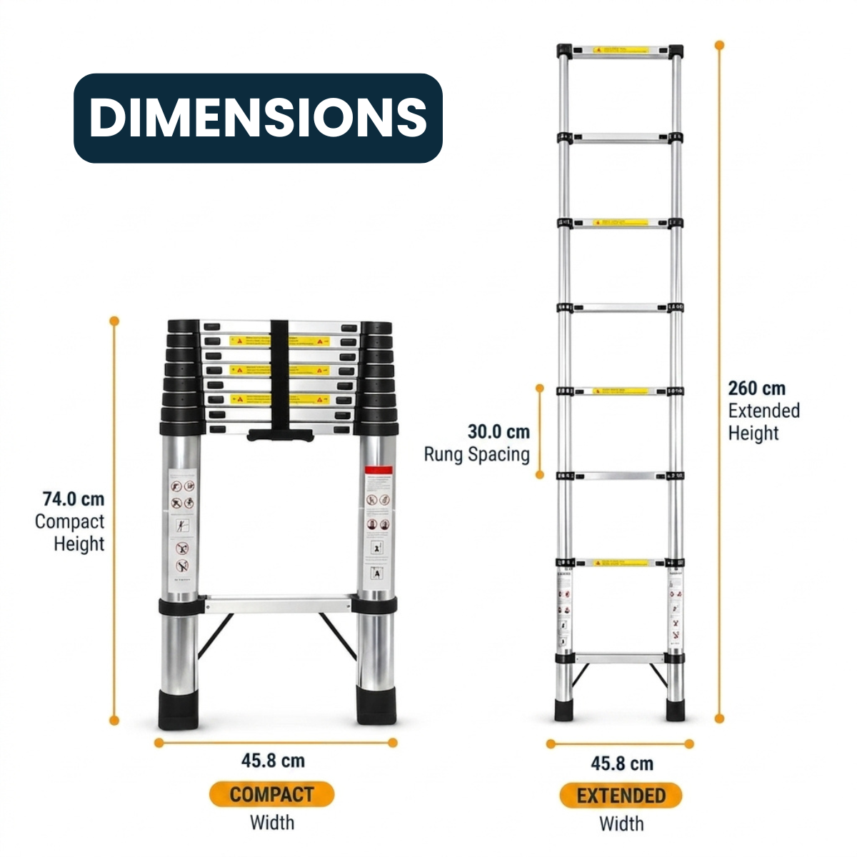 A dimension diagram of a folding step ladder showing both compact and extended states with measurements in centimeters and inches, on a white background.