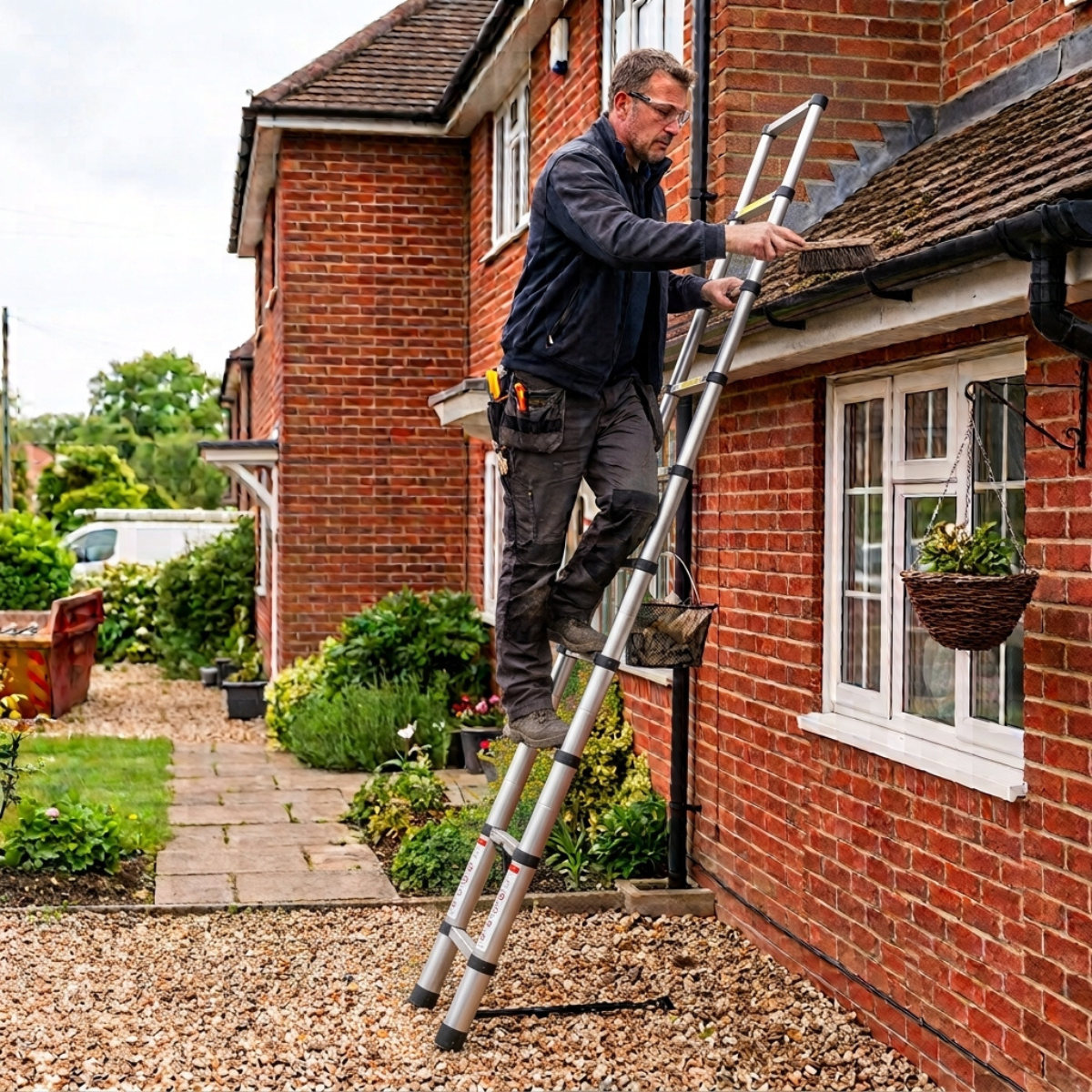A man in work clothes stands on a silver extension ladder positioned against a red brick house, reaching up to clean or inspect the guttering. The scene is set in a residential backyard with gravel, plants, and a pathway.