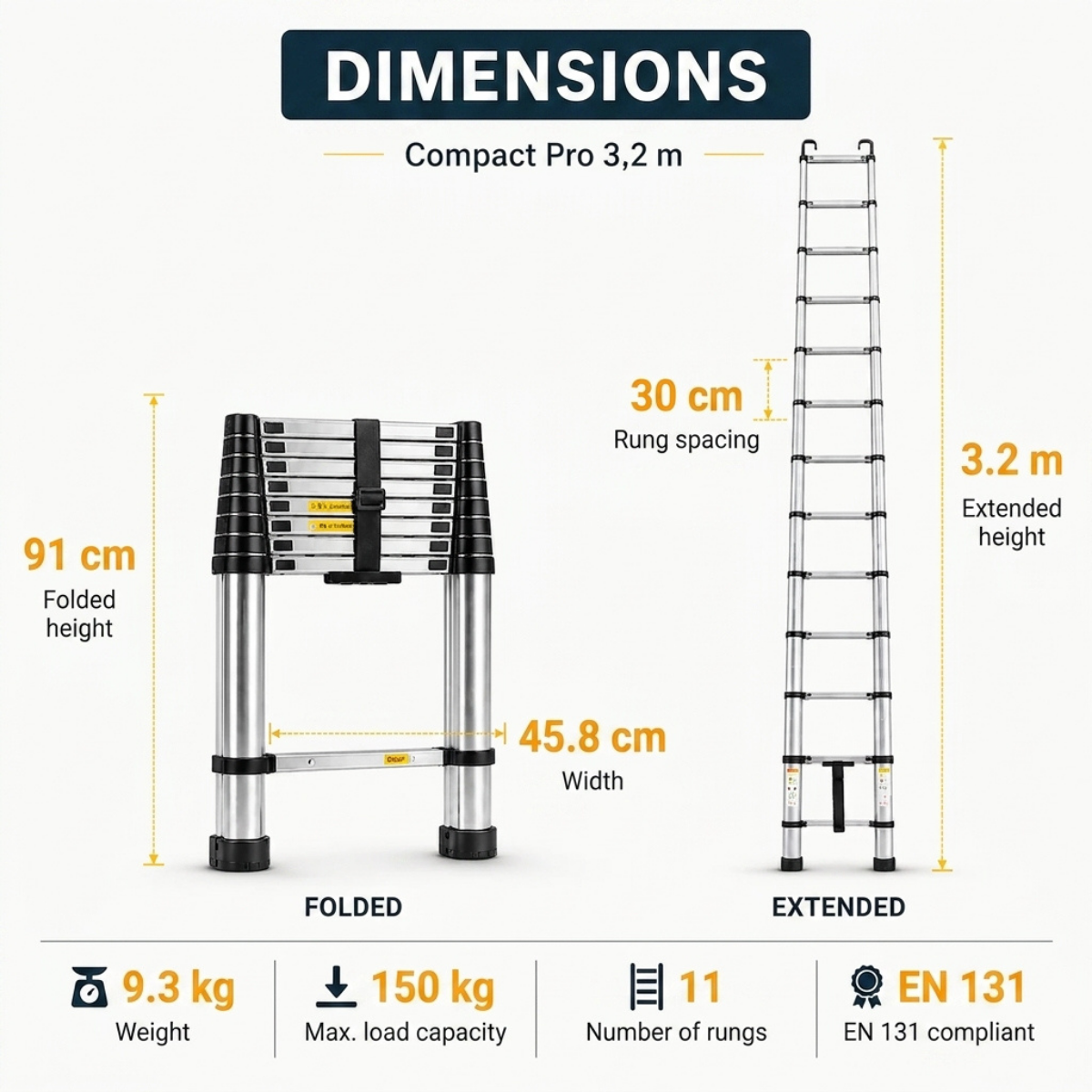 Telescopic Ladder 3.2m AscendPro 320  size