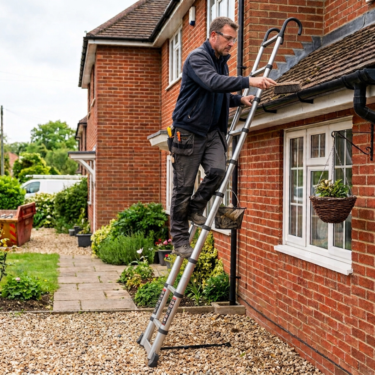 worker on Telescopic Ladder 3.2m AscendPro 320