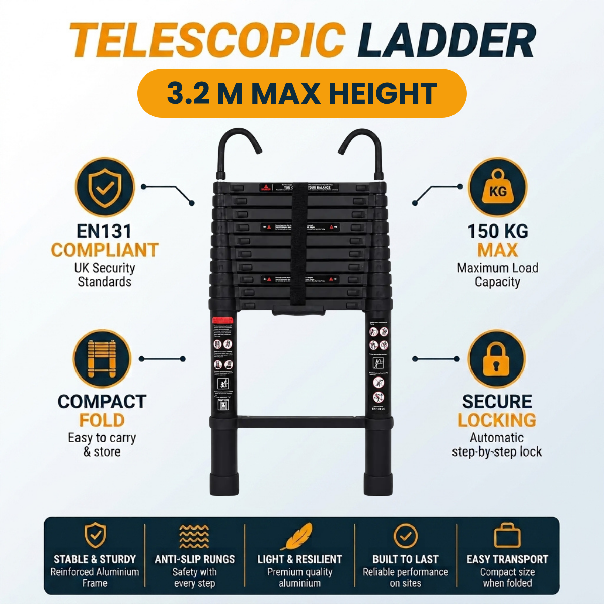 Telescopic aluminum extension ladder shown on a light blue background with feature callouts including 3.2 M MAX HEIGHT, EN1311 COMPLIANT, 150 KG MAX LOAD CAPACITY, COMPACT FOLD, and SECURE LOCKING.
