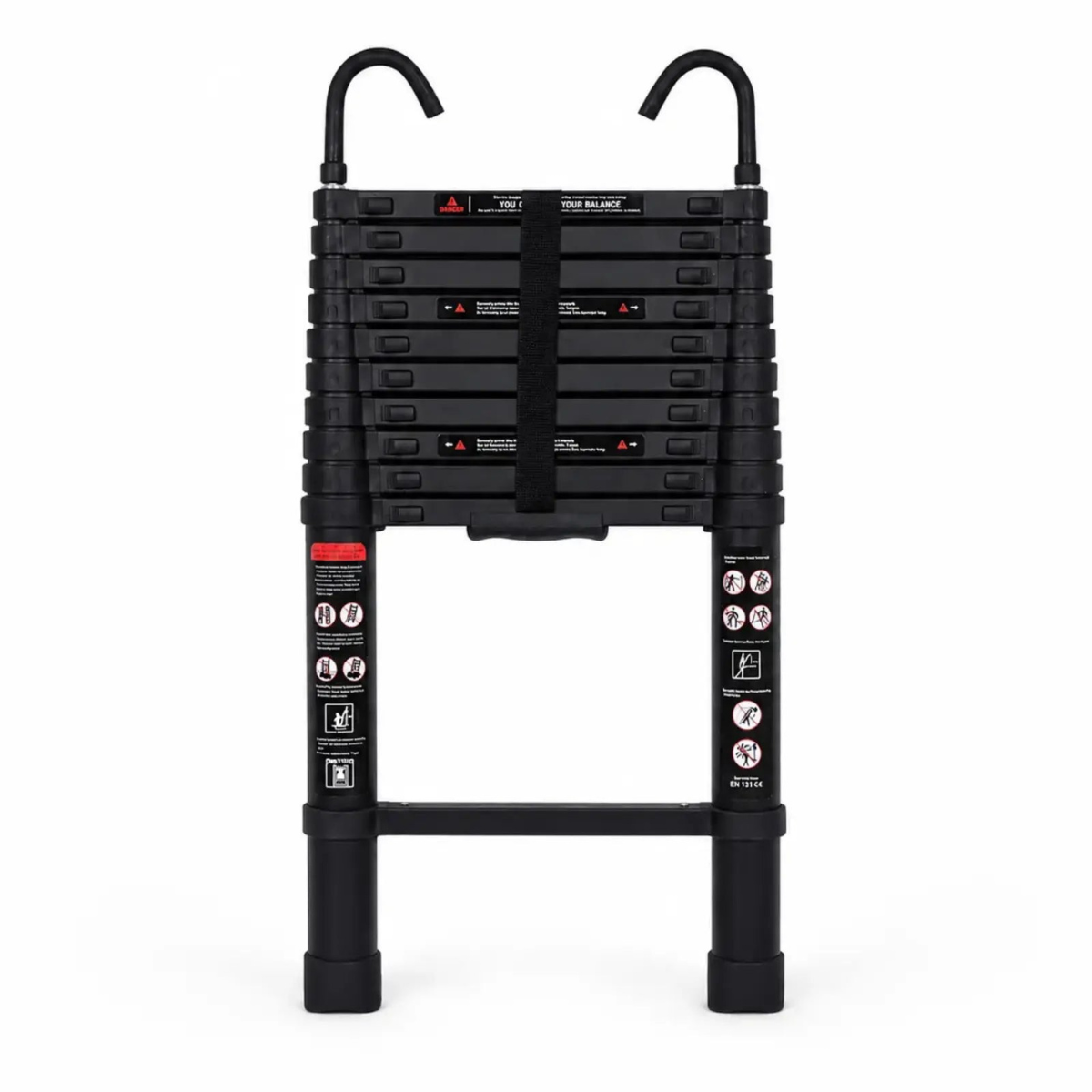 A black metal step ladder with two curved top handles, a central vertical strap, and instructional labels on the side panels, shown against a plain white background.