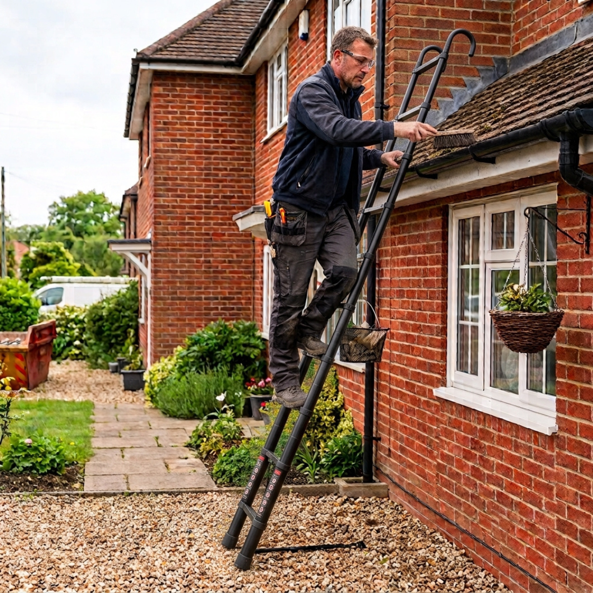 worker on a Telescopic Ladder 3.2m Black AscendPro Onyx 320