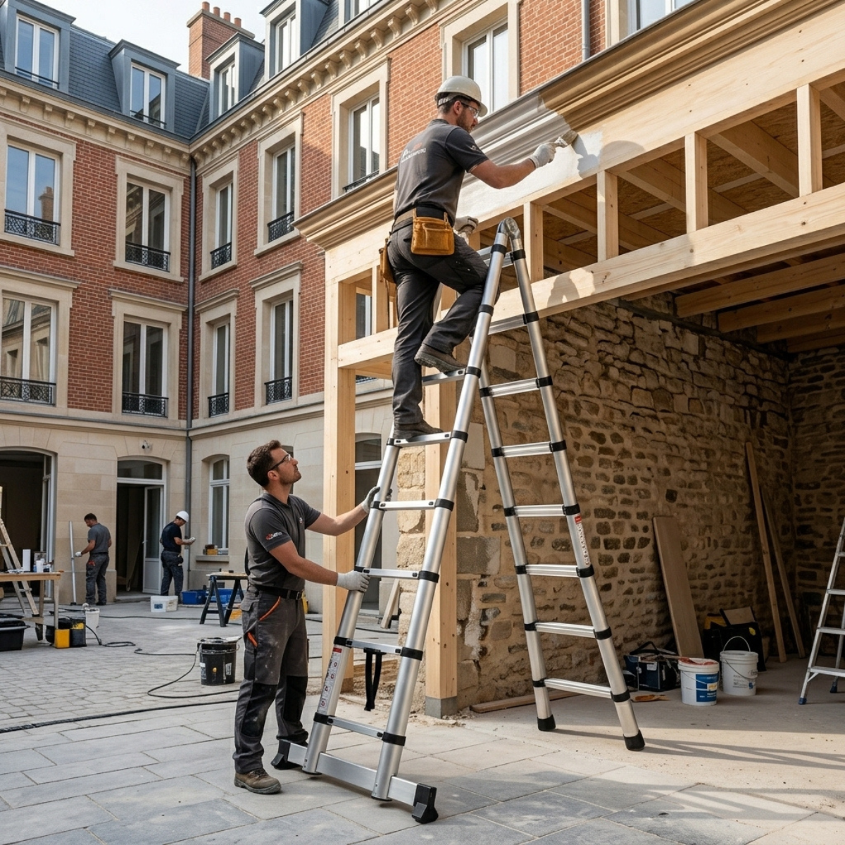 workers on a Telescopic Ladder 3.8m 3-in-1  AscendPro 380 Multi