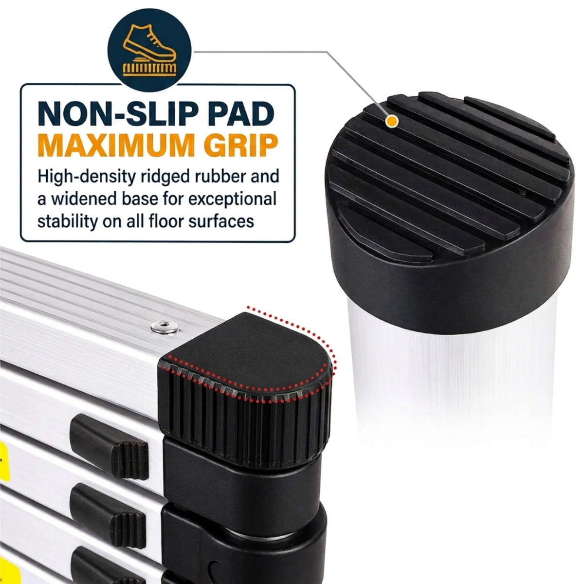 Black non-slip ladder pad shown on a step, with a close-up of the ribbed top and a callout graphic explaining maximum grip on all floor surfaces.
