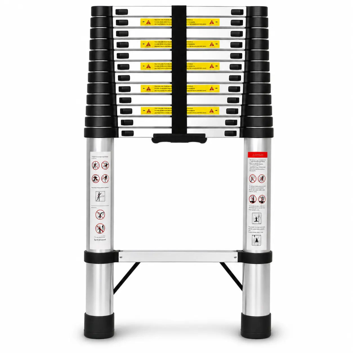 A silver aluminum extension ladder with black rubberized grips on the side rails, yellow safety warning labels, and instructional stickers on the side supports, shown on a plain white background.