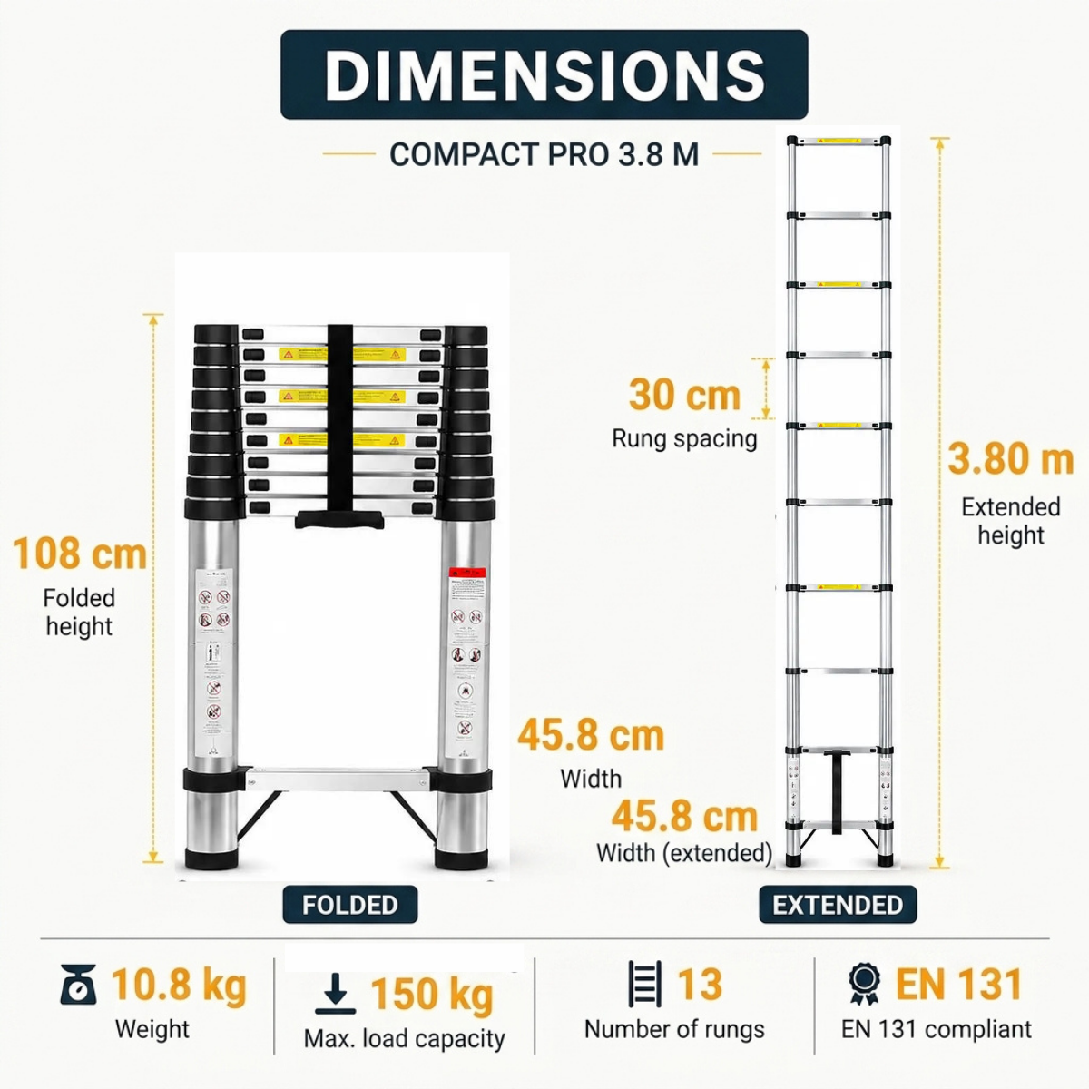 Telescopic Ladder 3.8m Alu AscendPro 380 size