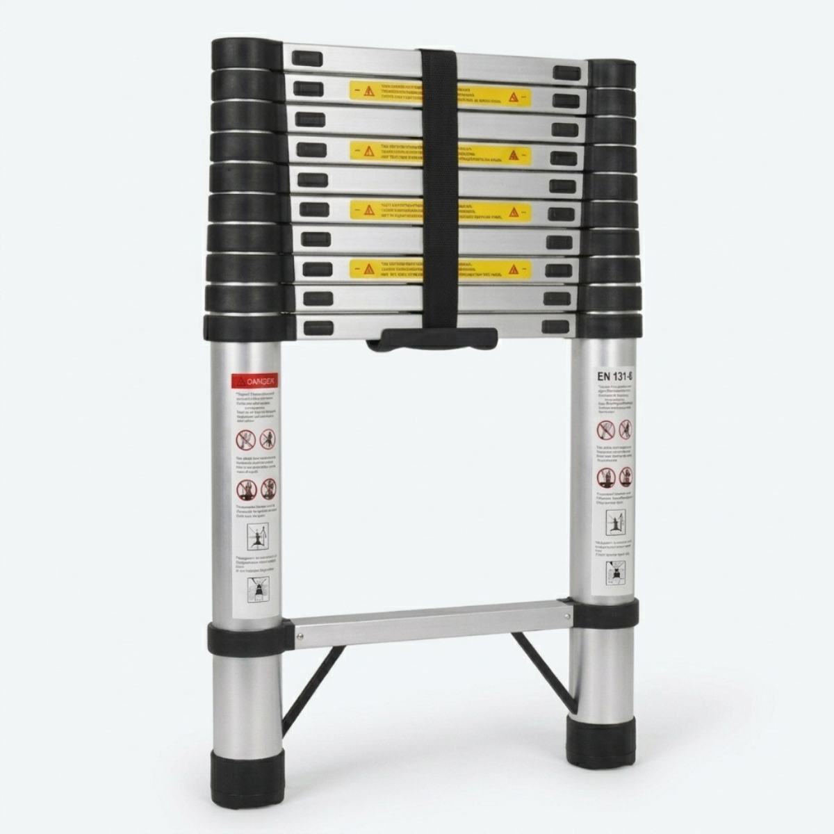 A silver and black telescopic extension ladder with yellow safety labels, shown fully extended on a light gray background.