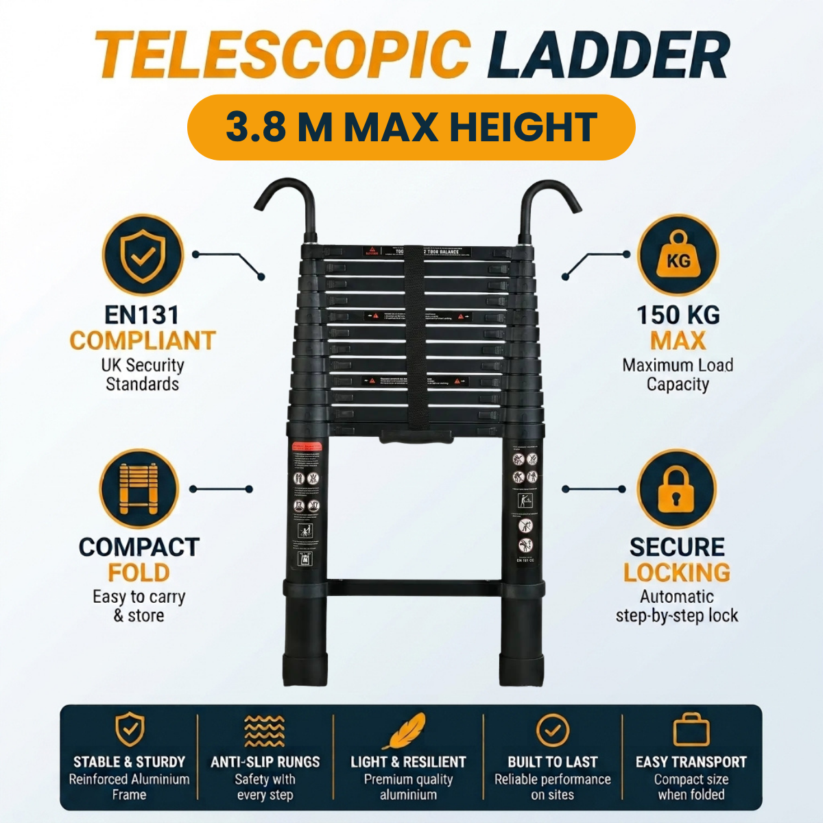 Telescopic Ladder 3.8m Black AscendPro Onyx 380 features